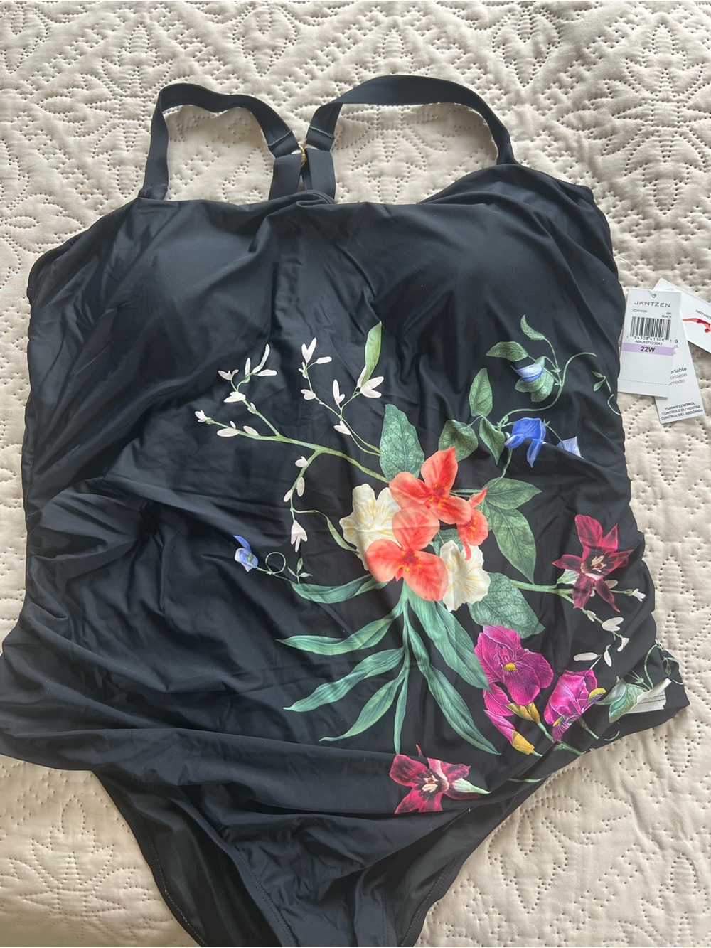 Jantzen Black One-Piece Swimsuit with Subtle Green Leaf Accents